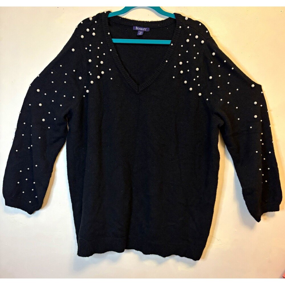 Roaman's Black Knit V-Neck Pearl Accent Pullover Sweater Women’s Plus 2X
